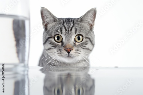Medium shot portrait photography of a curious american shorthair cat drinking water against a white background. With generative AI technology