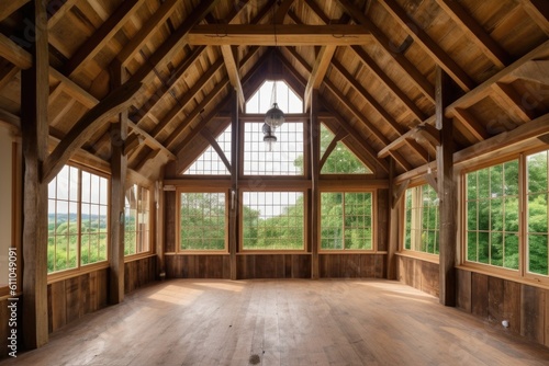 barn with towering windows, bringing in natural light and providing stunning views, created with generative ai