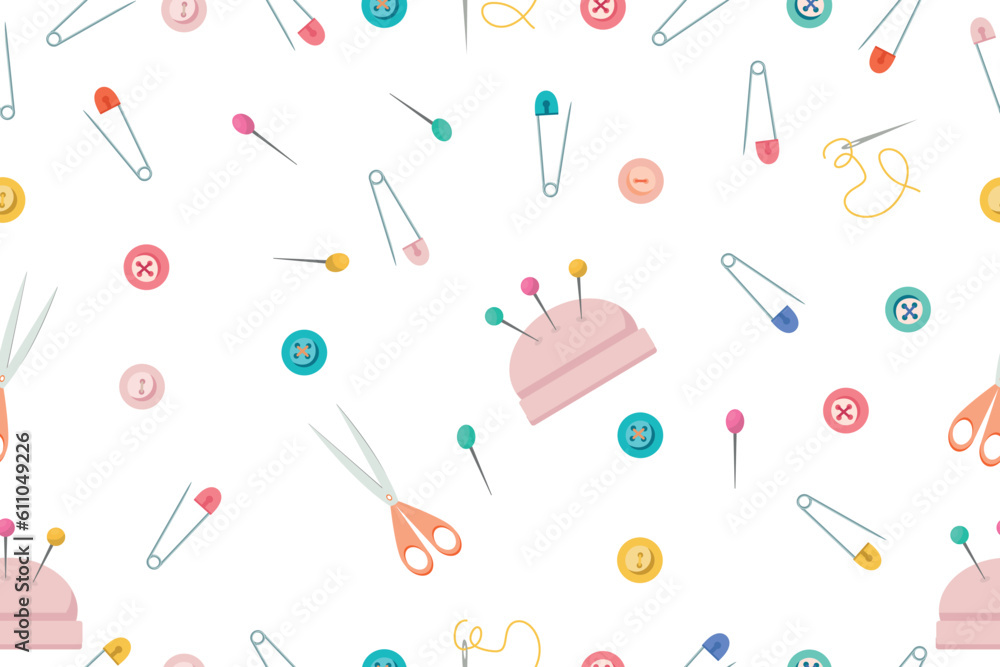 Vector seamless pattern using sewing tools. Vector illustration in a flat style Vector seamless pattern using sewing tools. Vector illustration in a flat style