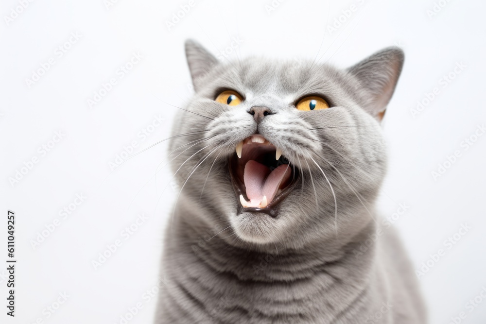 Fototapeta premium Full-length portrait photography of a smiling british shorthair cat growling against a white background. With generative AI technology