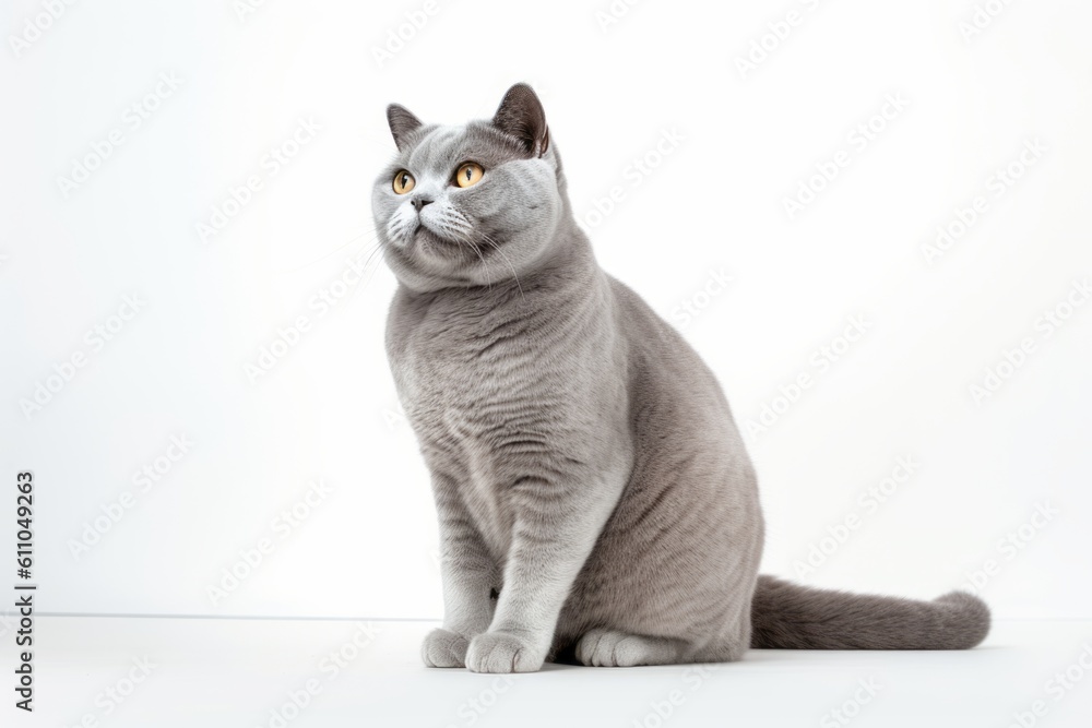 Full-length portrait photography of a happy british shorthair cat crouching against a white background. With generative AI technology
