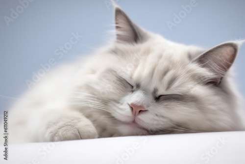 Lifestyle portrait photography of a smiling ragdoll cat sleeping against a white background. With generative AI technology