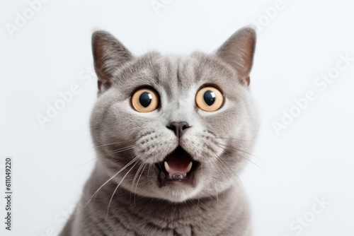 Conceptual portrait photography of a cute british shorthair cat murmur meowing against a white background. With generative AI technology © Markus Schröder