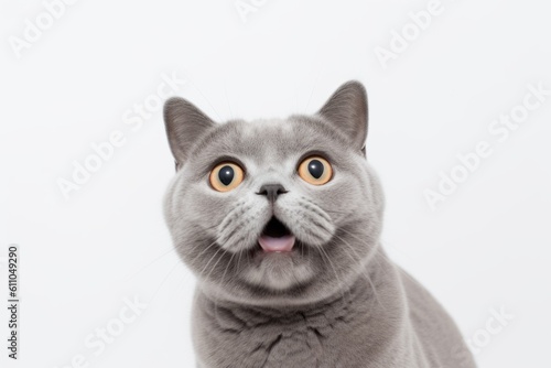 Environmental portrait photography of a curious british shorthair cat begging for food against a white background. With generative AI technology © Markus Schröder