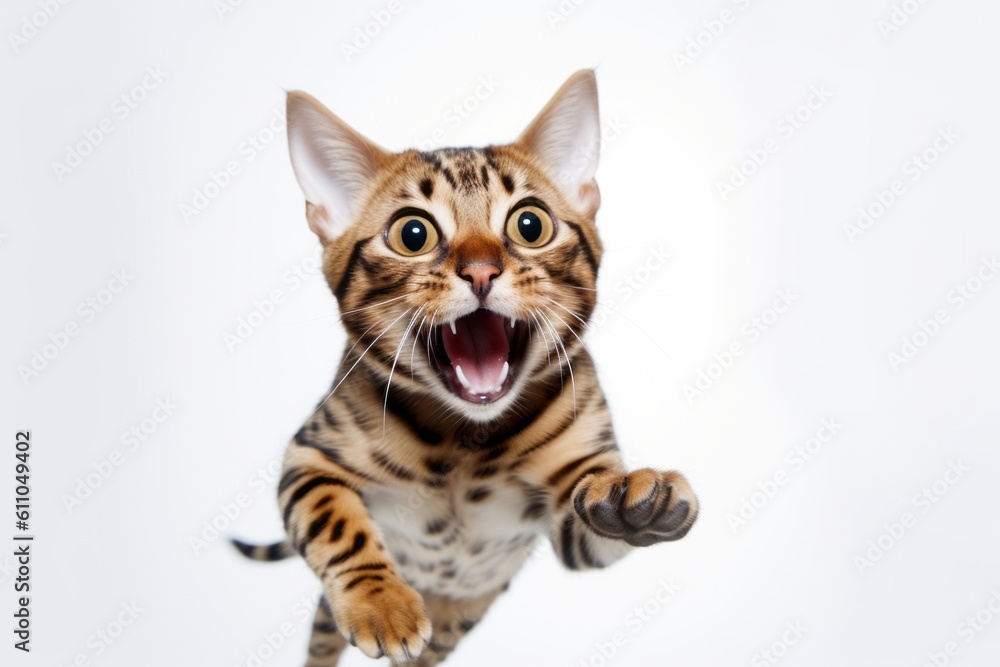 Lifestyle portrait photography of a smiling bengal cat leaping against a white background. With generative AI technology