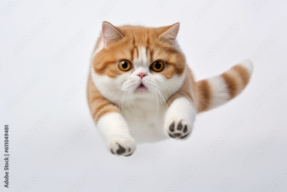Full-length portrait photography of a happy exotic shorthair cat sprinting against a white background. With generative AI technology
