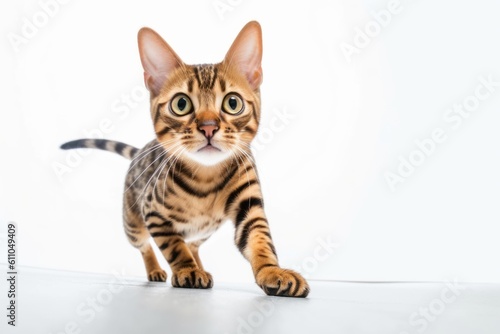 Full-length portrait photography of a funny bengal cat playing against a white background. With generative AI technology © Markus Schröder