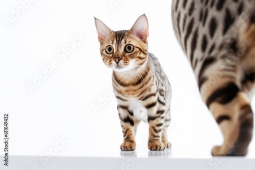 Conceptual portrait photography of a cute bengal cat exploring against a white background. With generative AI technology