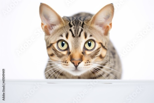 Environmental portrait photography of a tired bengal cat drinking water against a white background. With generative AI technology