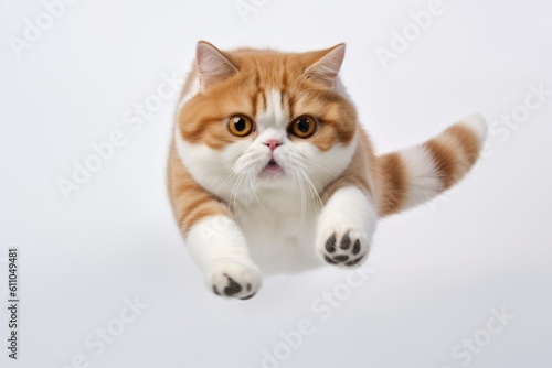 Full-length portrait photography of a happy exotic shorthair cat sprinting against a white background. With generative AI technology