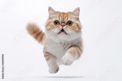 Full-length portrait photography of a happy exotic shorthair cat sprinting against a white background. With generative AI technology