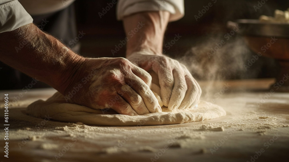 Macro Shot of Baker Kneading Dough. The Secret of Delicious Bread. Generative AI