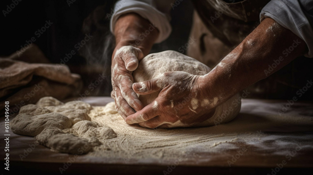 Hands-on Bakery Magic: Macro Shot of Skilled Baker Kneading Dough. Generative AI