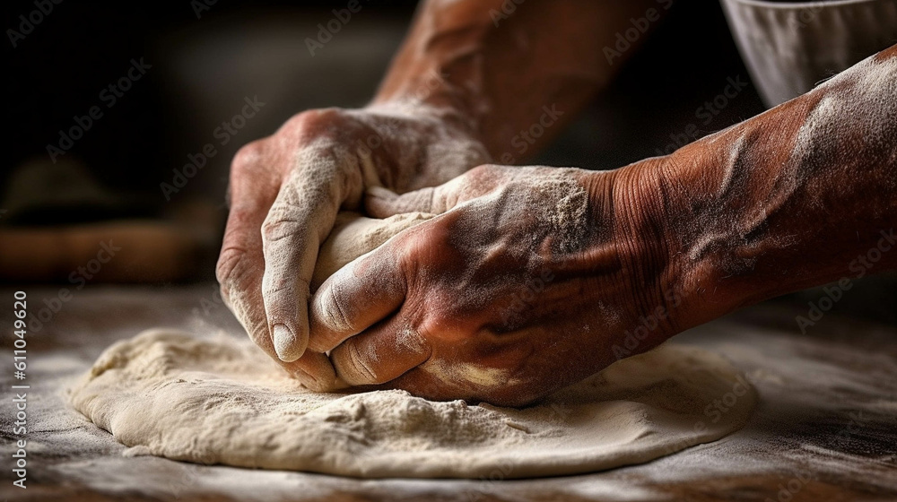 The Art of Baking. Macro View of Skilled Baker Kneading Dough. Generative AI