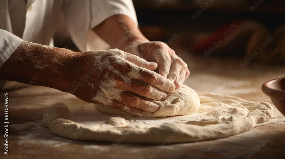 Artisanal Breadmaking. Captivating Close-up of Dough Kneading. Generative AI