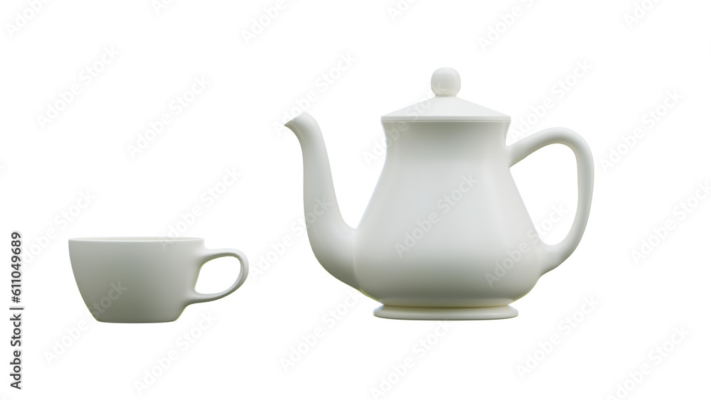 white porcelain tea pot and hot tea cup 3D rendering