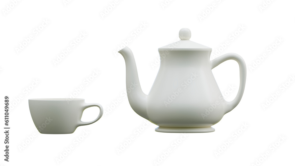 white porcelain tea pot and hot tea cup 3D rendering white porcelain tea pot and hot tea cup 3D rendering