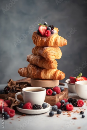 breakfast with balance of croissants, strawberries, raspberries and blueberries and a cup of tea. AI generated