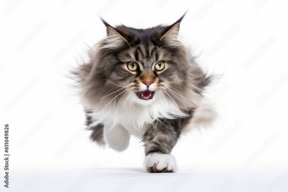 Fototapeta premium Full-length portrait photography of a smiling norwegian forest cat sprinting against a white background. With generative AI technology