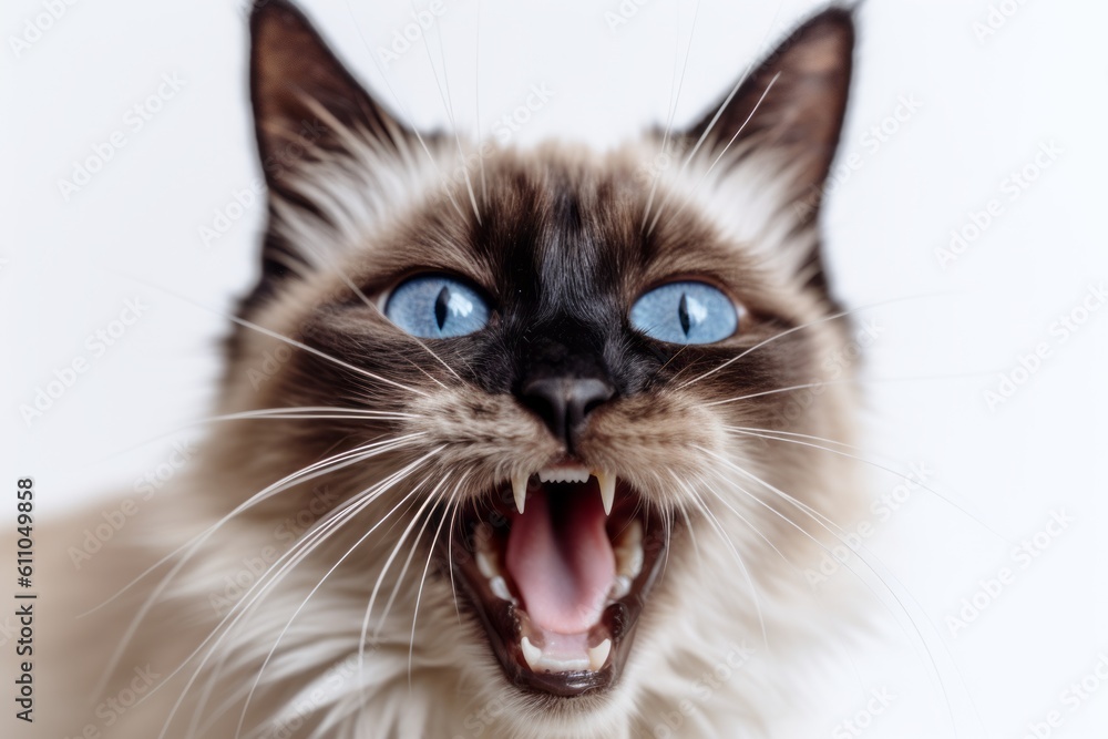 Environmental portrait photography of a cute balinese cat growling against a white background. With generative AI technology