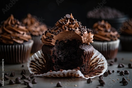 chocolate cupcake with layer of frosting and sprinkle of chocolate chips, created with generative ai