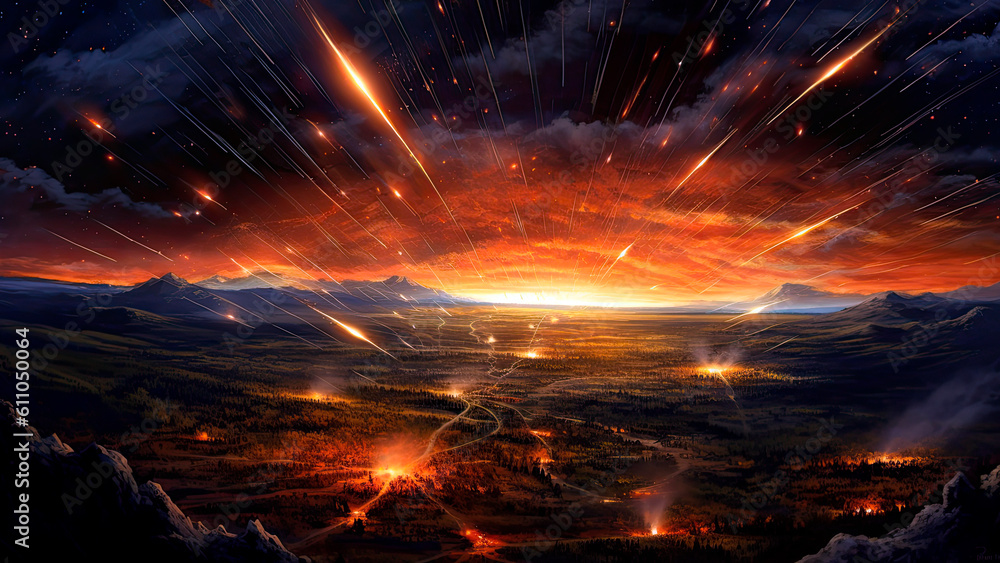 backdrop filled with fiery meteors hurtling through space, leaving trails of brilliant light in their wake, Generative AI backdrop filled with fiery meteors hurtling through space, leaving trails of brilliant light in their wake, Generative AI