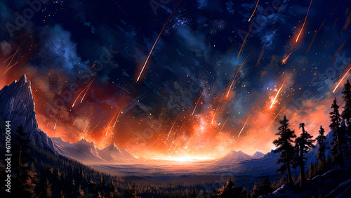 backdrop filled with fiery meteors hurtling through space  leaving trails of brilliant light in their wake  Generative AI