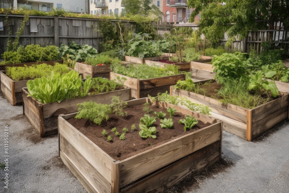 community garden with variety of herbs and vegetables, created with generative ai
