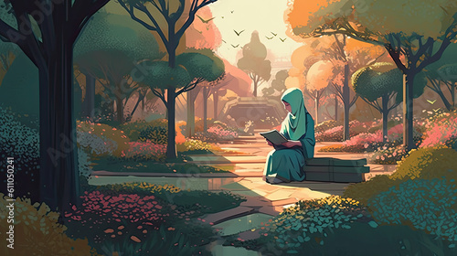 Muslim Woman Reading the Quran in the Garden