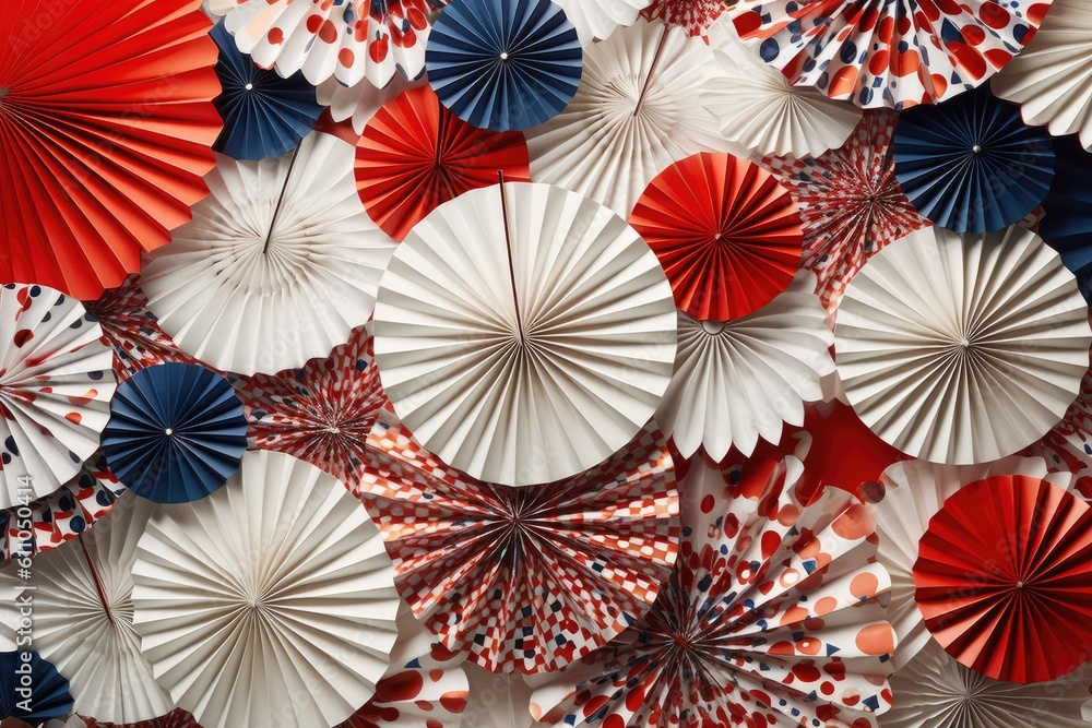 a white backdrop with red white and blue paper fans Generative AI
