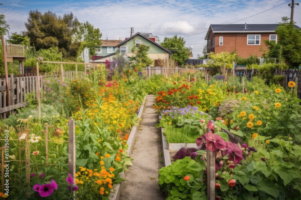 community garden with colorful flowers and vegetables, created with generative ai
