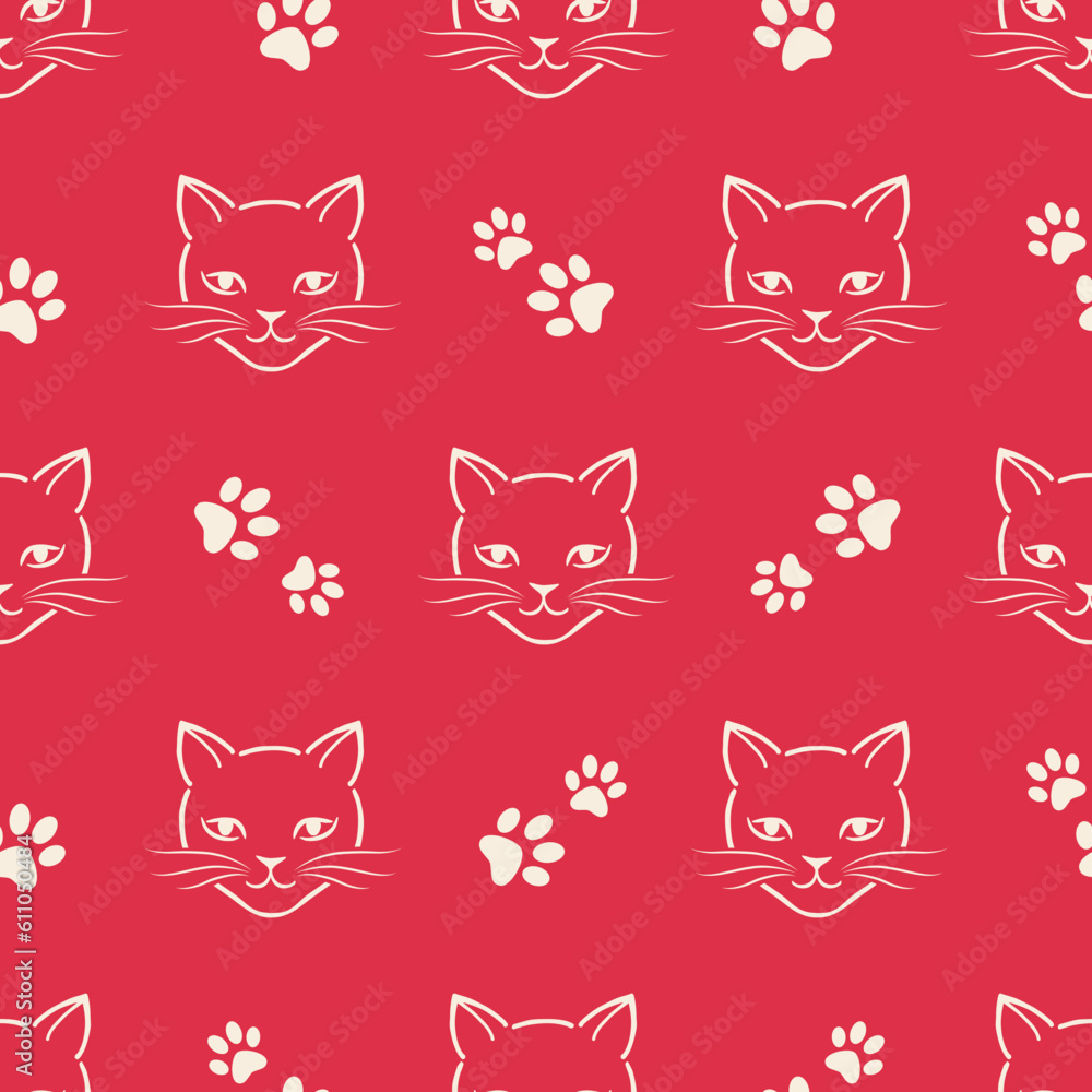 Seamless pattern with cats on red background. For fashion print  and decorative packaging.
