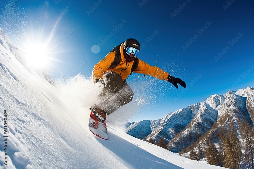 Thrilling Snowboarder Performing Mid-Air Trick Over Snow-Covered Mountain - AI Generative