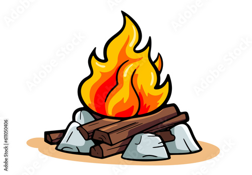 Campfire sign or icon with yellow fire and wood logs. Camping bonfire emblem with outline.