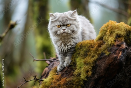 Full-length portrait photography of a happy selkirk rex cat wall climbing against a forest background. With generative AI technology