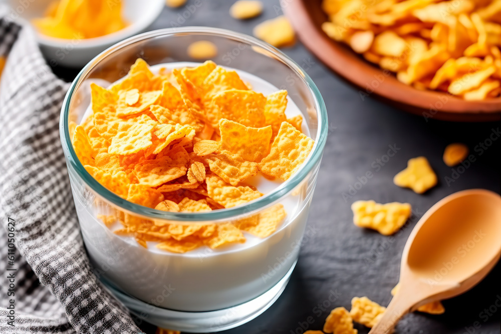 Corn flakes with milk on the kitchen. Generative AI Corn flakes with milk on the kitchen. Generative AI
