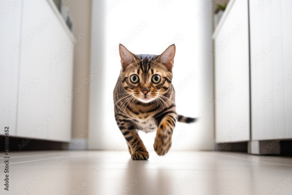 Environmental portrait photography of a cute bengal cat pouncing against a minimalist or empty room background. With generative AI technology