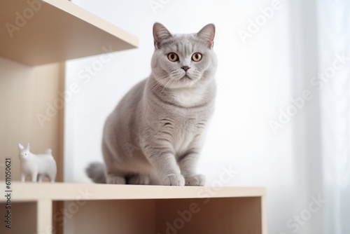 Lifestyle portrait photography of a cute british shorthair cat climbing against a minimalist or empty room background. With generative AI technology