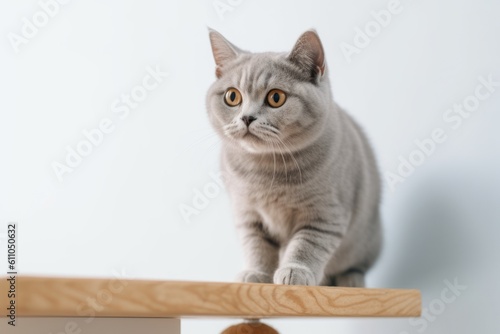 Lifestyle portrait photography of a cute british shorthair cat climbing against a minimalist or empty room background. With generative AI technology © Markus Schröder