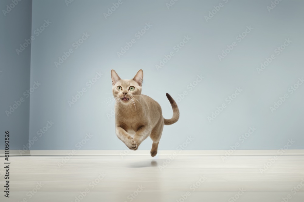 Lifestyle portrait photography of a happy burmese cat sprinting against a minimalist or empty room background. With generative AI technology