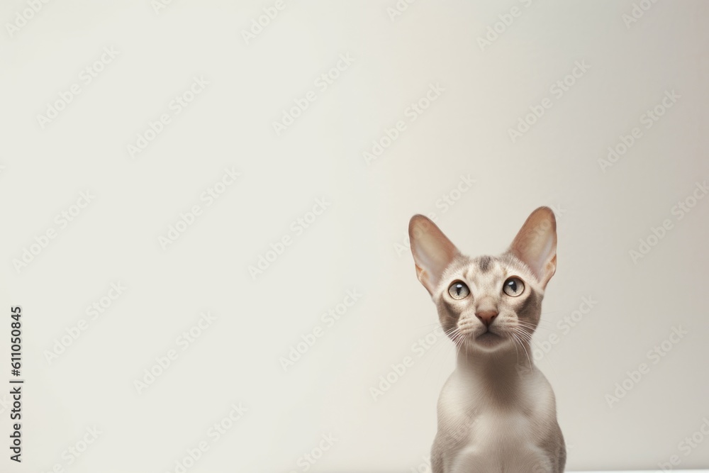 Fototapeta premium Medium shot portrait photography of a curious oriental shorthair cat exploring against a minimalist or empty room background. With generative AI technology