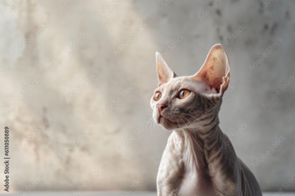 Lifestyle portrait photography of a cute devon rex cat skulking against a minimalist or empty room background. With generative AI technology
