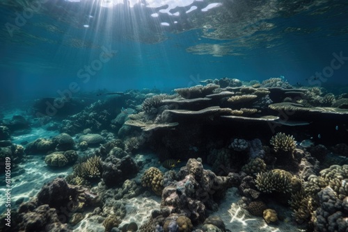 coral reef underwater, with schools of fish swimming in the clarity, created with generative ai © altitudevisual