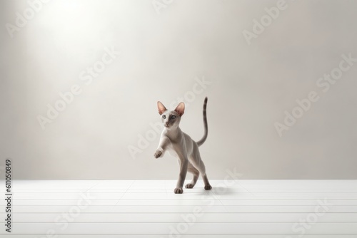 Environmental portrait photography of a curious oriental shorthair cat jumping against a minimalist or empty room background. With generative AI technology