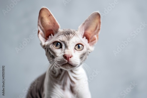 Lifestyle portrait photography of a cute devon rex cat skulking against a minimalist or empty room background. With generative AI technology