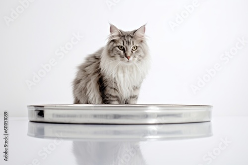 Full-length portrait photography of a funny norwegian forest cat drinking water against a minimalist or empty room background. With generative AI technology