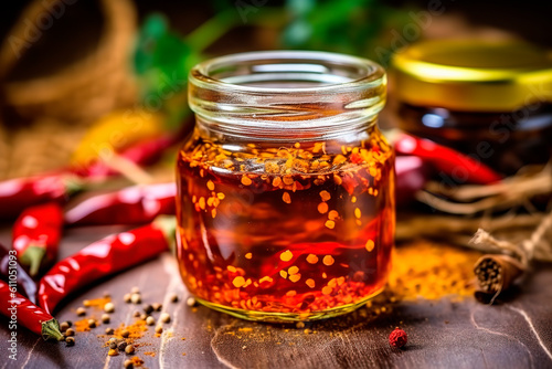 Chili oil in jar on the kitchen. Generative AI