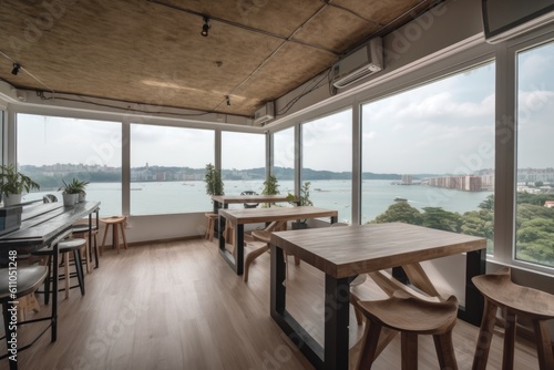 co-working space with a view of the beach or river, for professionals who want to escape the city for a moment, created with generative ai © altitudevisual