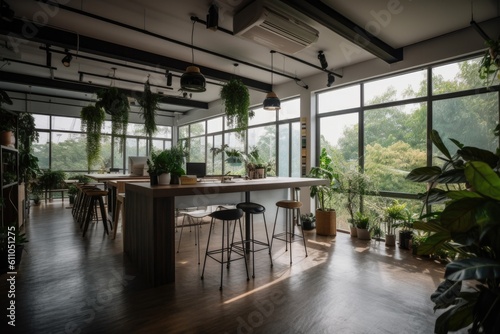 co-working space with open floor plan, surrounded by natural light and greenery, created with generative ai