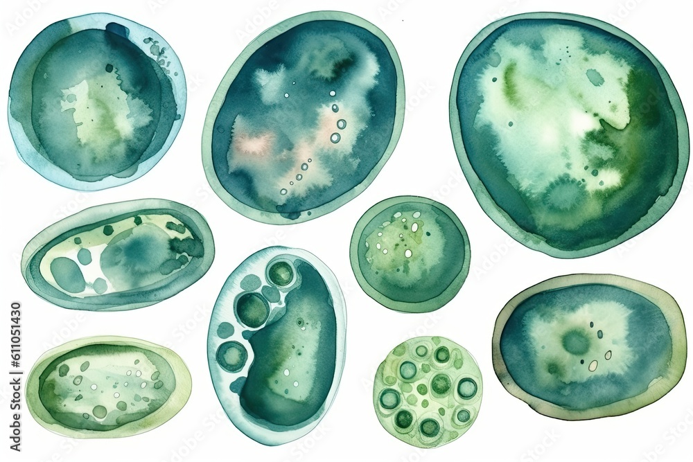 Algae, microalgae macro. biotechnology, science. watercolor. Generative AI